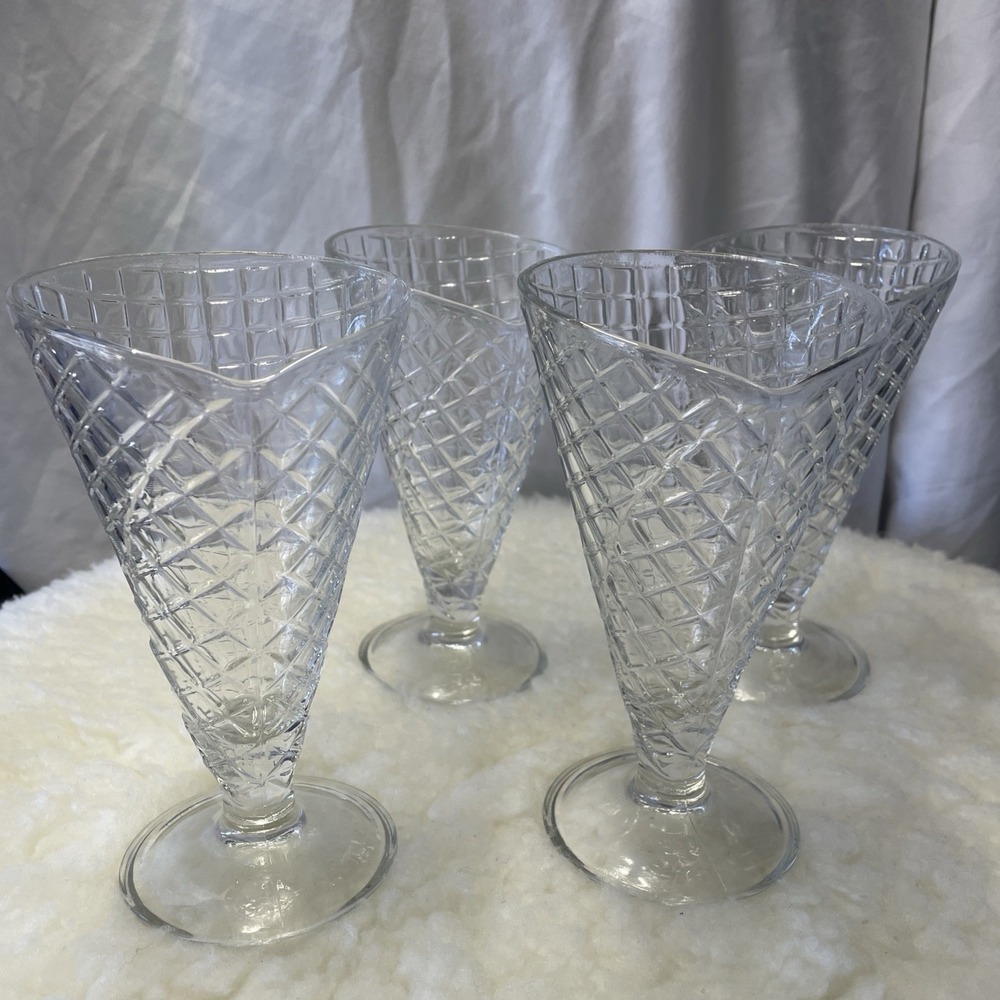Vintage Bormioli Rocco Clear Waffle Cone Ice Cream Dessert Glasses Lot-4 Italy